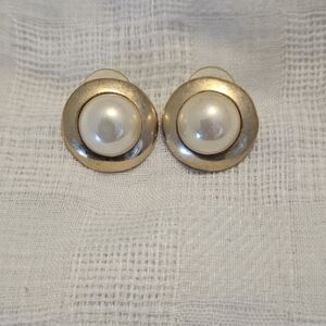 Gold Pearl Button Clip-On Earrings - Classic Women's Jewelry